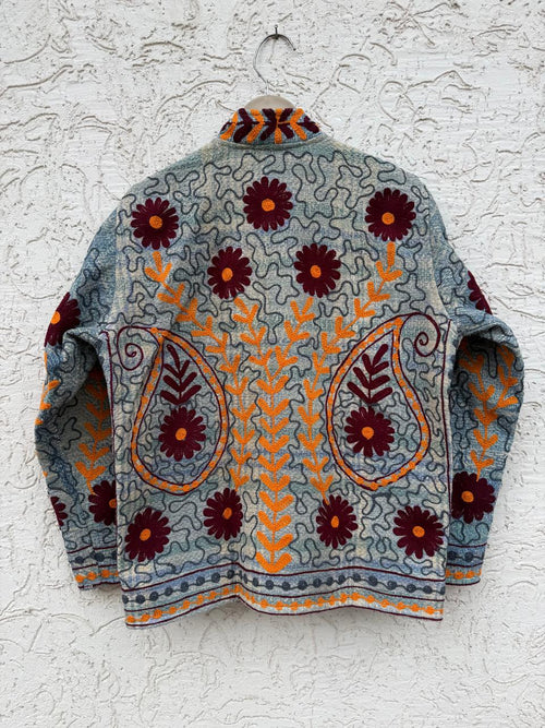 Brown Blue Suzani Kantha Jacket